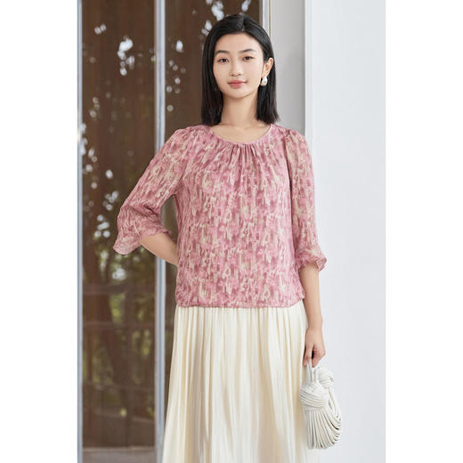 米思阳2026春季新品粉色印花衬衫甜美减龄轻薄气质时尚上衣1506 商品图4