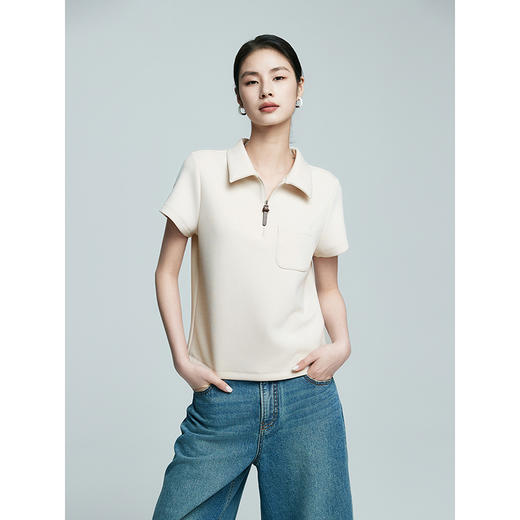 棉仓363601008-初棉美式小翻领拉链皮袢挂饰POLO衫 商品图1