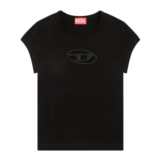 DIESEL 2025春夏新品 女士镂空大LOGO修身短袖T恤 黑色 A062680AFAA9XXA 商品图0