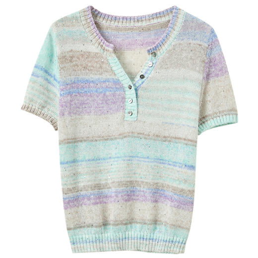 三彩2025夏季新款条纹针织衫亮片V领短袖上衣套头衫休闲M 商品图4