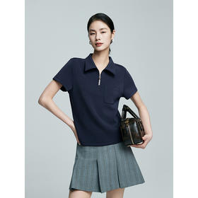 棉仓363601008-初棉美式小翻领拉链皮袢挂饰POLO衫