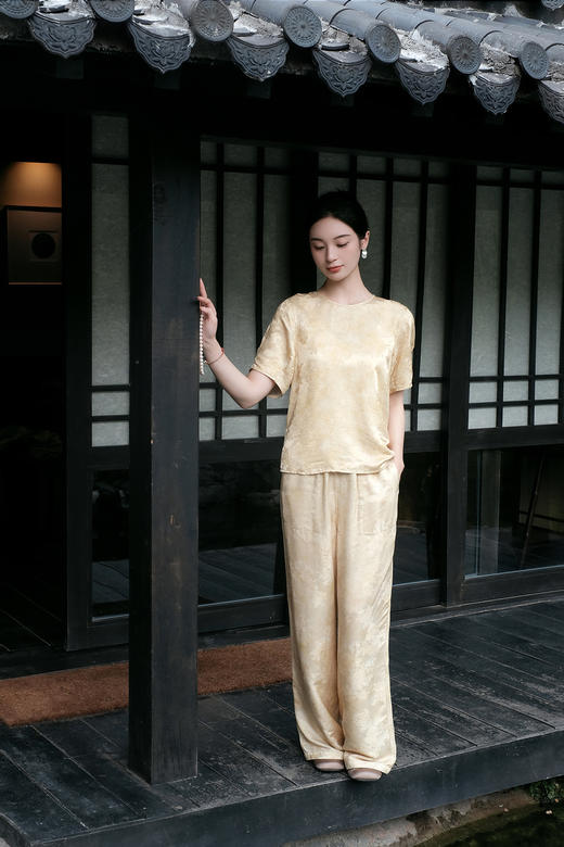 盛唐婧| 新中式真丝炒色直筒裤-黄色 商品图0