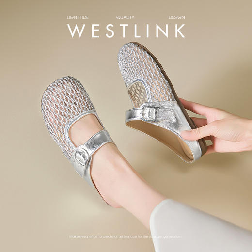 西遇镂空包头半拖鞋女夏季新款一字带网面穆勒鞋平底外穿拖鞋V1156805 商品图1