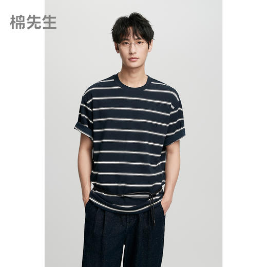棉仓363801026-重磅美式宽条纹宽松落肩短袖T恤 商品图0