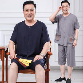 【中老年男士爸爸夏季开衫】短袖短裤棉绸套装 爷爷装人造棉家居服睡衣 