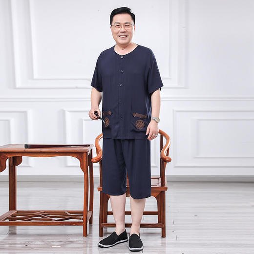 【中老年男士爸爸夏季开衫】短袖短裤棉绸套装 爷爷装人造棉家居服睡衣  商品图1