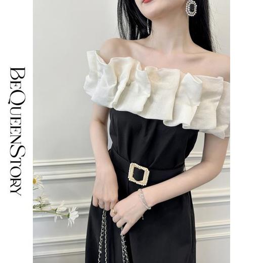 【孤品样衣，不退不换】【维纳斯庄园】天丝麻料腰带捏褶撞色一字肩连衣裙 商品图4