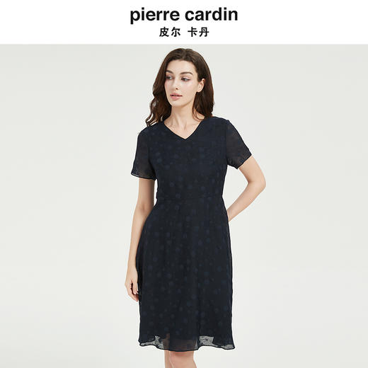 皮尔卡丹女法式V领通勤收腰短袖连衣裙 商品图4