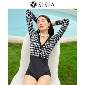 sisia2024新款泳衣女仙女范长袖防晒显瘦千鸟格绝美温泉连体泳衣SWS24-09A
