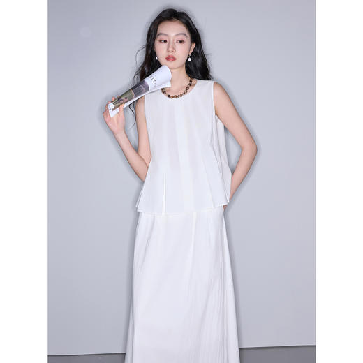 三彩2025夏季新款圆领无袖上衣套装高腰半身裙A字长裙两件套S 商品图2