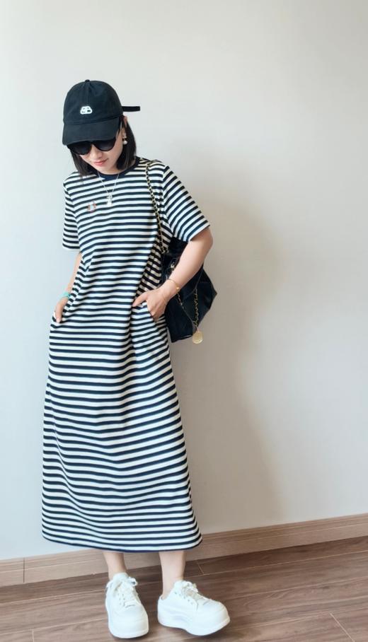 懒人BI备条纹直筒T恤裙宽松显瘦中长款短袖连衣裙 商品图1