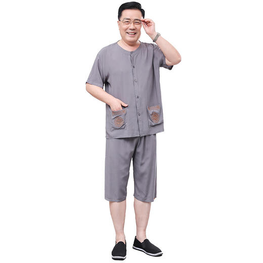 【中老年男士爸爸夏季开衫】短袖短裤棉绸套装 爷爷装人造棉家居服睡衣  商品图4