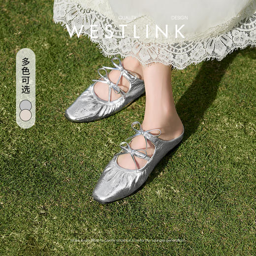 西遇包头半拖鞋女外穿新款夏季绝美蝴蝶结穆勒鞋尖头银色凉拖V0156616 商品图0