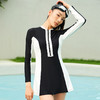 sisia2024新款泳衣女黑白撞色长袖防晒显瘦遮肚温泉连体裙式泳衣SWSA24-01A 商品缩略图4