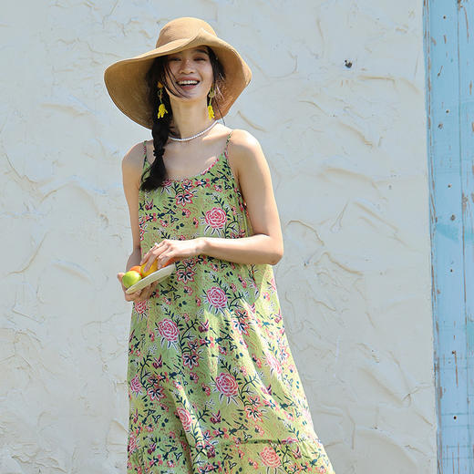 绽放旅行女装256朵/天丝苎麻印花可调节肩带A摆吊带文艺连衣裙女 商品图1