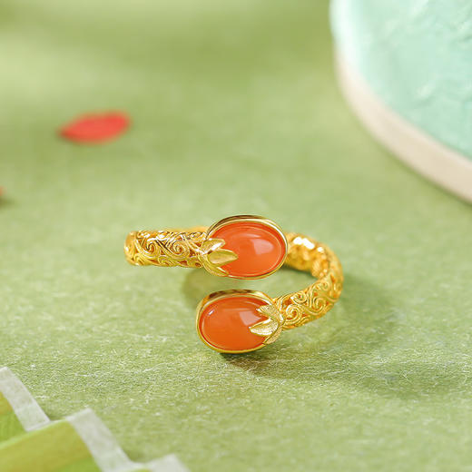 【敦煌吉韵·卷草纹南红纯银戒指】纯银镀金水红南红 新中式复古唐草纹蛋面戒指 镂空指环 商品图2