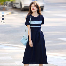 【五折购】熙世界夏日穿搭航海系撞色条纹连衣裙女短袖夏季圆领收腰显瘦长裙