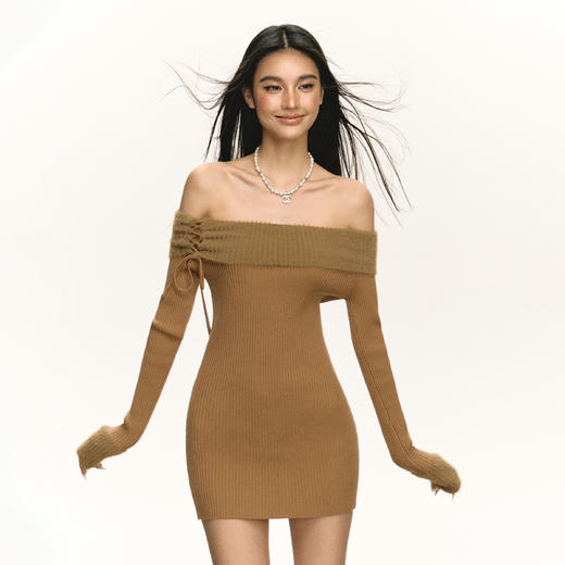 Ariseism 美式复古设计感一字肩连衣裙女春季新款长袖修身裙子 商品图2