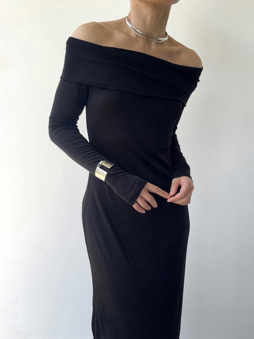 CG｜Jiali Dress [ 黑色针织长袖一字肩连衣裙] 商品图2