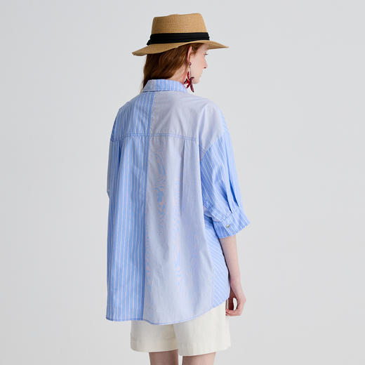 谜底衬衫七分袖女2025夏新品通勤蓝调艺术拼接宽松衬衣252MC0548 商品图2
