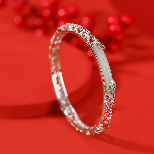 S925纯银和田玉国潮宫廷设计感，祥云如意镂空无事牌手镯手环CW- SZ01681 商品图1
