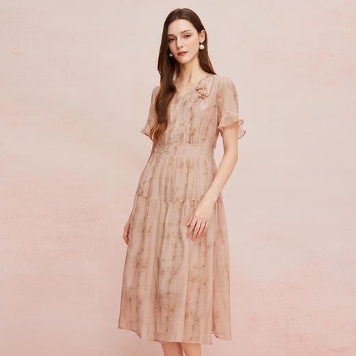 QF8B4斯尔丽25新款浪漫高级感立体盘花法式度假系列初恋A字晕染连衣裙 商品图2