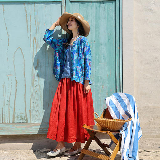 绽放旅行女装285朵/大丽花印花防晒短开衫双支数细腻亚麻T恤上衣 商品图1