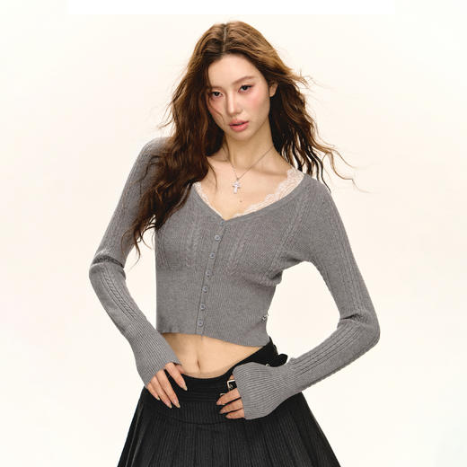 Ariseism 美式复古设计感蕾丝拼接修身针织衫女春季新款长袖上衣 商品图0