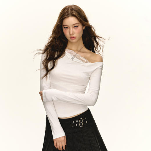 Ariseism 美式复古设计感蕾丝斜肩长袖T恤女春季新款内搭上衣 商品图3