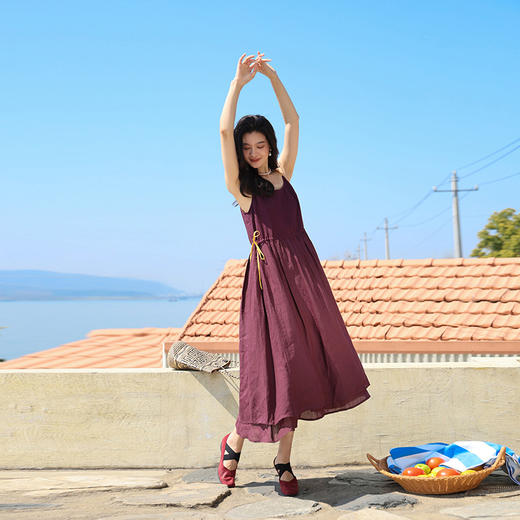 绽放旅行女装200朵/拼接撞色肩带抽皱可调节双层吊带连衣裙女舒适 商品图0