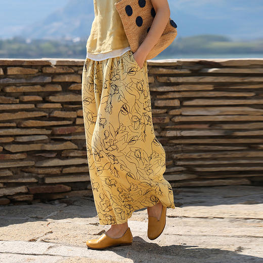 绽放旅行女装272朵/抽象花双支数亚麻底抽象线条印花松紧腰阔腿裤 商品图0