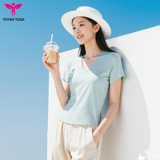 悠妍简约V领短袖T恤DX25529 莱赛尔天丝面料瑜伽服女运动上衣 商品图2