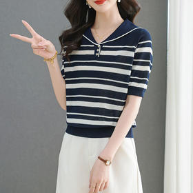 冰丝短袖t恤，洋气海军领减龄针织条纹显瘦上衣CC2563