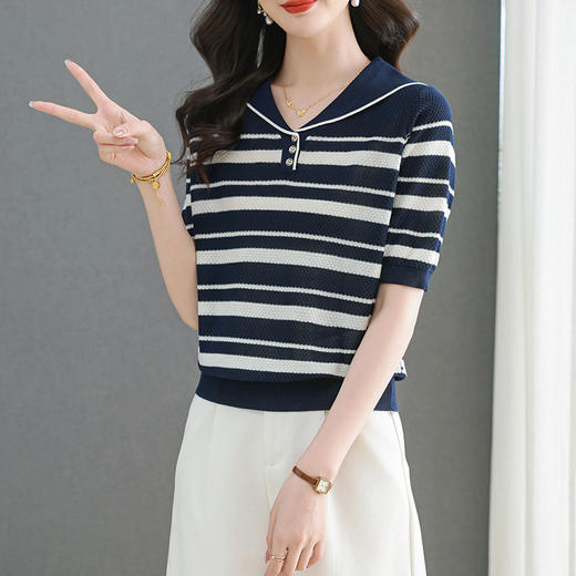 冰丝短袖t恤，洋气海军领减龄针织条纹显瘦上衣CC2563 商品图0