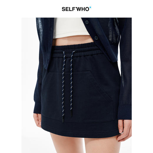 SELFWHO精梳棉宝蓝色短裤女2025夏新款抽绳松紧腰高腰A字运动裤裙 商品图3