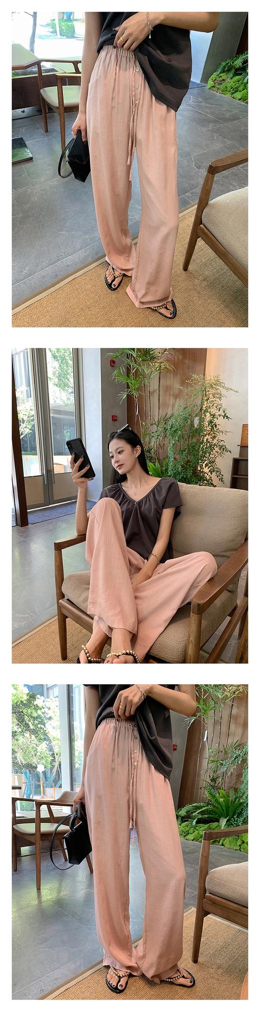 超慵懒松紧腰系带简约直筒砂洗亚麻阔腿裤百搭长裤 商品图8