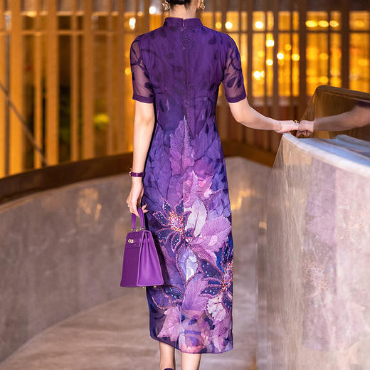 新中式国风连衣裙夏季气质别致紫色印花立领改良旗袍裙YBY-043H97 商品图3