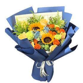 【高考加油】新鲜鲜花 高考花束向阳追光-高考必胜（向日葵2枝+香槟玫瑰7枝+配草）可备注送货时间