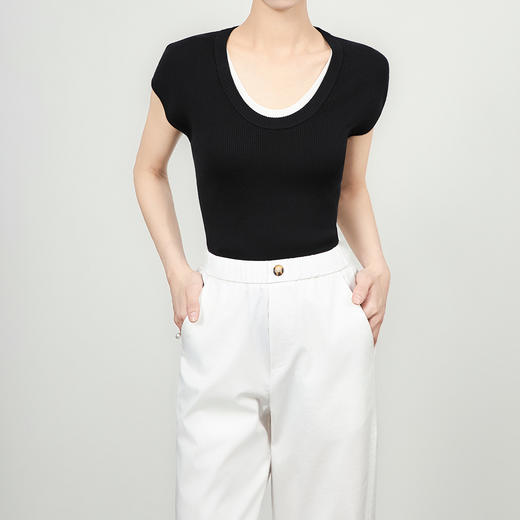 「高货wl」全新升级【铂金会员146/天猫199/差价53】(00947)洛诗琳2025坑条兰精天丝针织撞色领弹力假两件百搭T恤上衣 商品图1