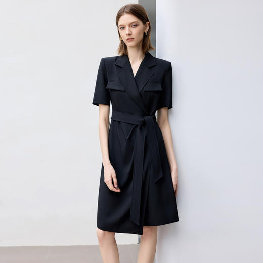 IWY/夏季短袖西装连衣裙女高级感黑色绑带正式场合接待职业套裙Q1386 商品图0