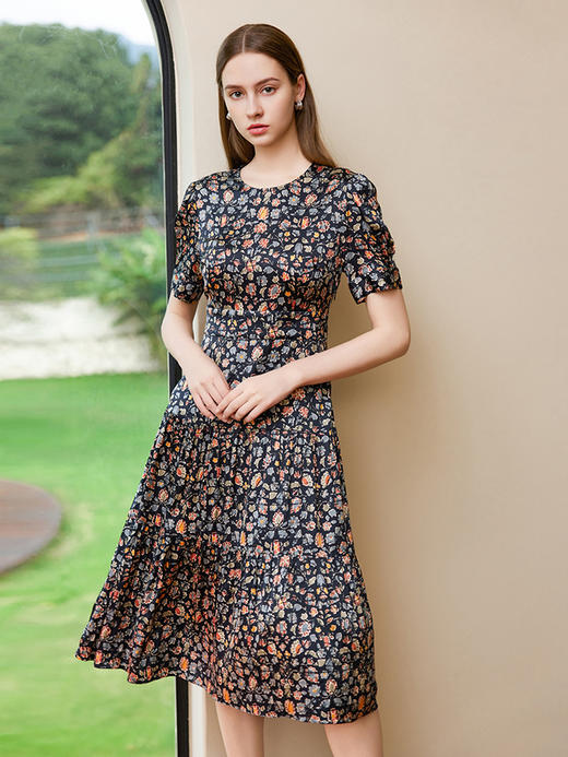 【桑蚕丝印花连衣裙】25年夏季新品女士中长款碎花真丝连衣裙 商品图1