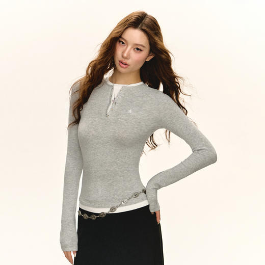 Ariseism 美式复古修身假两件长袖T恤女春季新款内搭打底上衣 商品图4