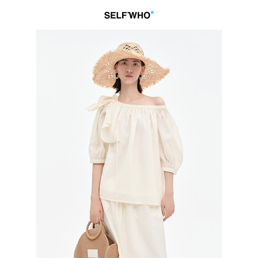 [姜妍同款]SELFWHO天丝羊毛混纺一字领套装衬衫女夏装泡泡袖上衣 商品图0