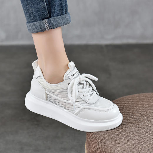 TN T6761-01透气网面系带休闲轻便厚底网鞋真皮小白鞋 商品图2