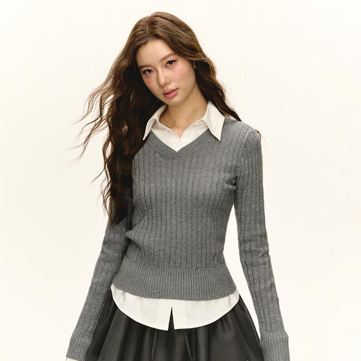 Ariseism 美式复古纯色修身V领毛衣外套女春秋新款内搭上衣 商品图4