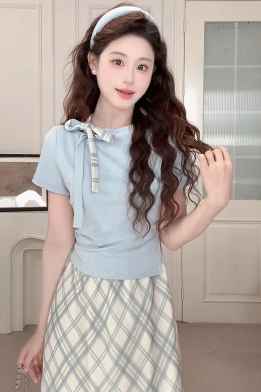 鹿向南「翩翩少女」法式格子假两件女连衣裙夏季高腰显瘦A字长裙 商品图3