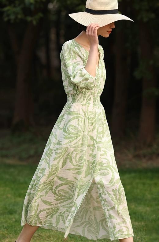 法式V领清新绿色印花丝棉灯笼袖收腰连衣裙 商品图5