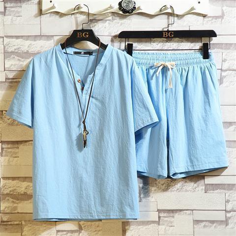 【亚麻短袖短裤套装】中国风宽松大码 V领t恤夏季潮流休闲运动两件套 休闲装 商品图10