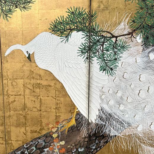 独角鹿西洋古董 19世纪日本江户时代出品「白羽孔雀」主题金地纸本设色六曲屏风 商品图2