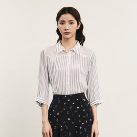 谜底条纹衬衫七分袖女2024夏季新品通勤风宽松拼接衬衣242MC0711